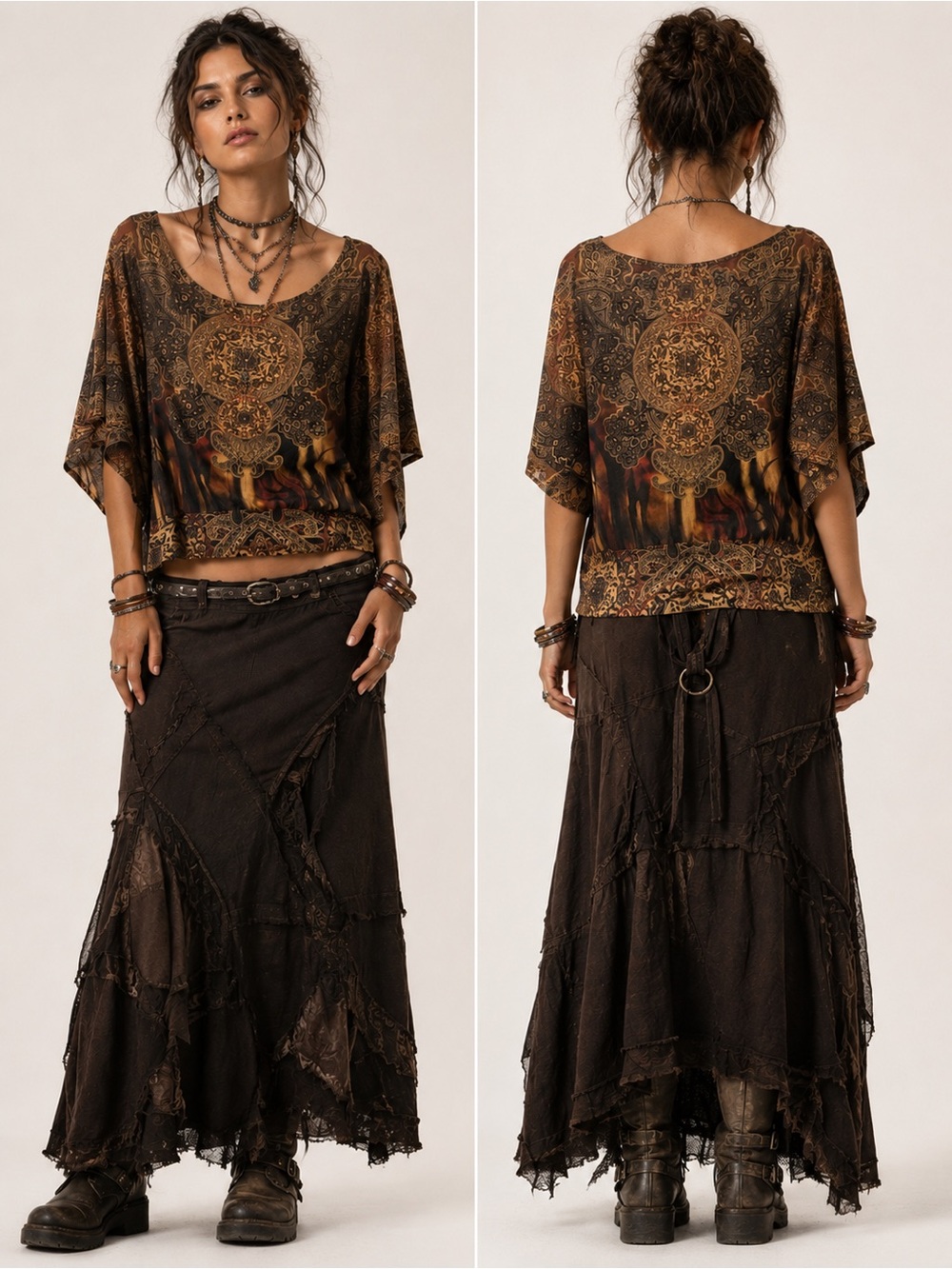 dressbarn Y2K Brown Paisley Scoop Neck Dolman Sleeves Studded Boho Top 1X
